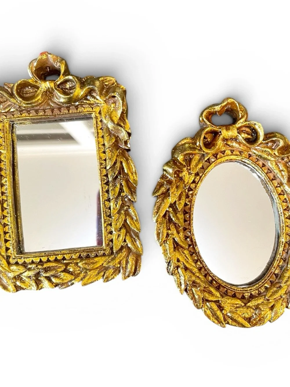 Vintage small mirrors, wood frames painted gold, missing top loop on the oval